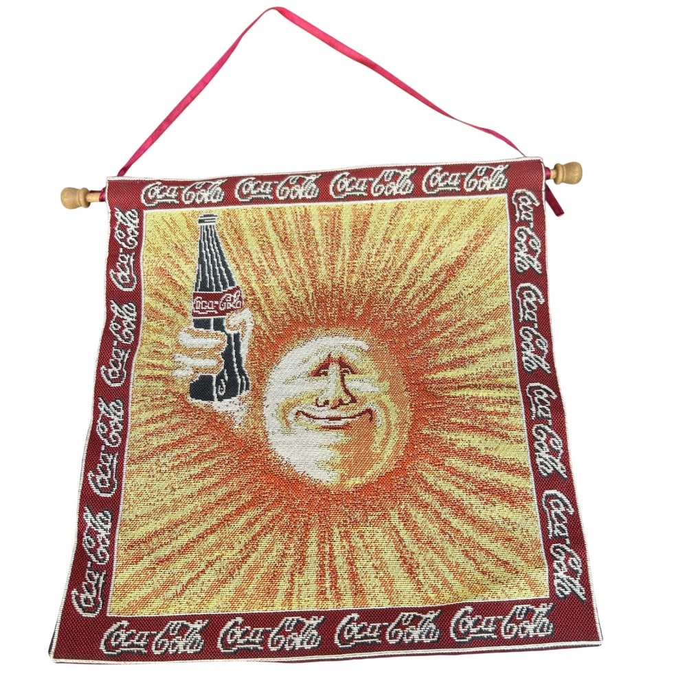 Coca-Cola Vtg Tapestry Wall Hanging whimsical celestial sun classic Coke bottle